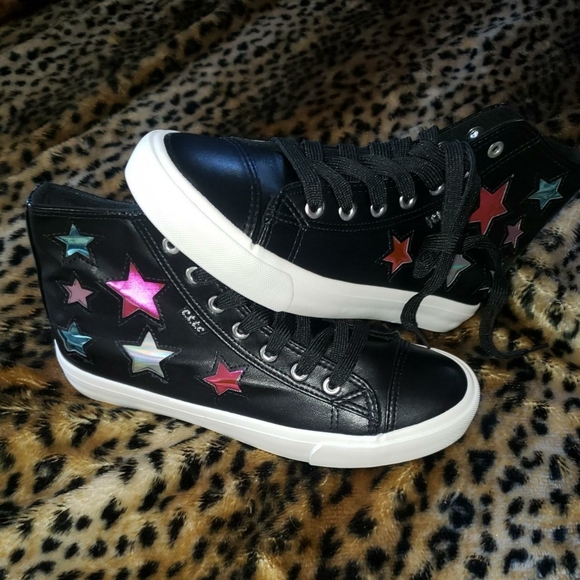 NEW BLK FAUX LEATHER Y2K IRIDESCENT SHIMMER STARS HI TOP SHOES cute to the core - Picture 3 of 6